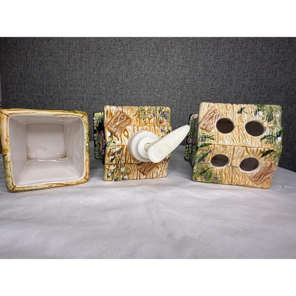 Vintage 80s 90s Ceramic‎ Floral Cottage Bathroom Set Soap Dispenser Toothbrush - Picture 4 of 5